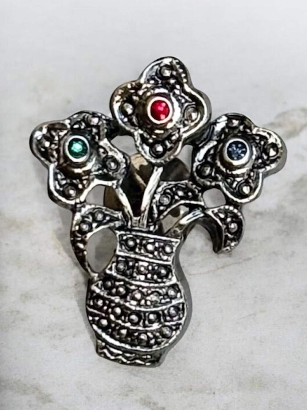 Avon 1995 Marcasite Floral Vase Brooch NIB Red Green Blue Stones Silver Pin